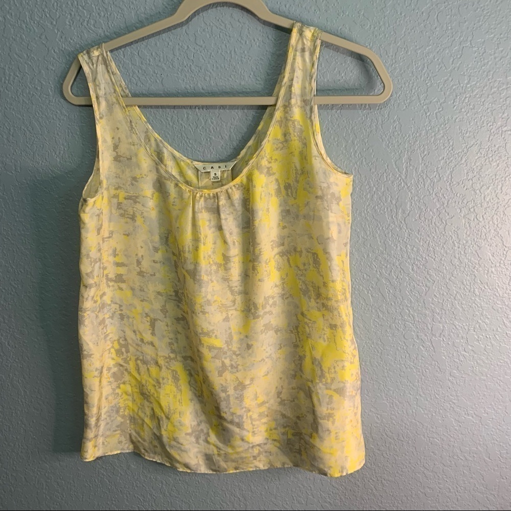 Cabi Whisper Button Back Silk Yellow Gray Tank Top